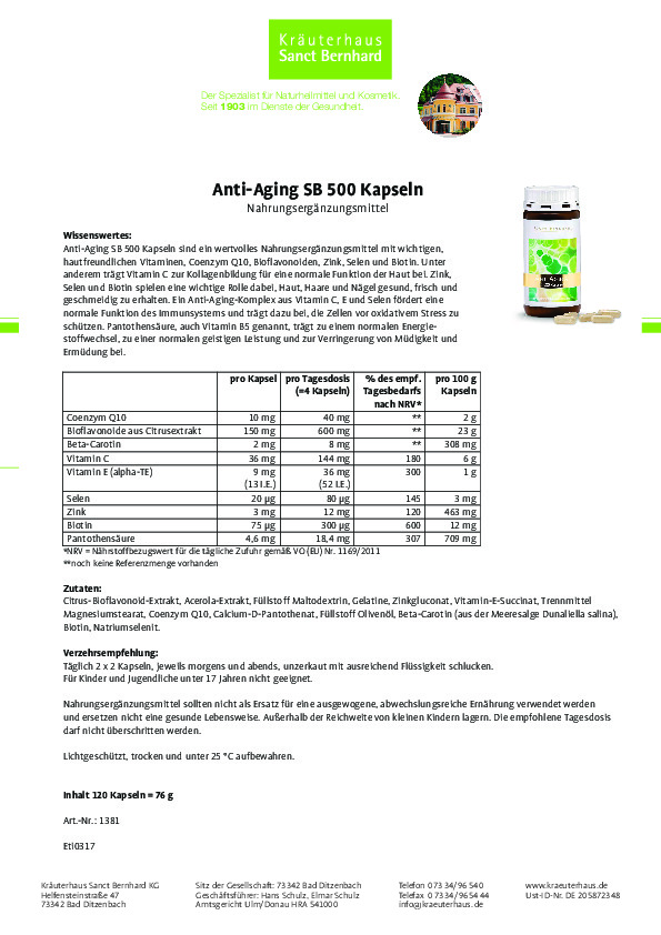 Viên nang uống chống lão hóa Anti Aging SB 500 Kapseln