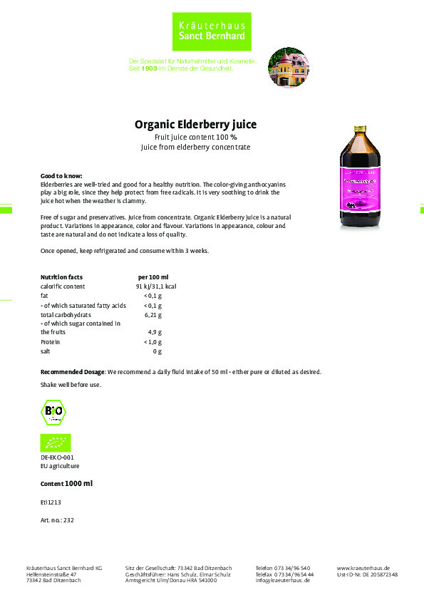 Nước ép cây cơm cháy Sanct Bernhard Organic Elderberry juice