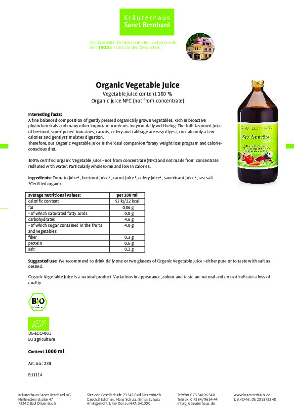 Nước ép hoa quả và rau xanh Sanct Bernhard Organic Vegetable Juice