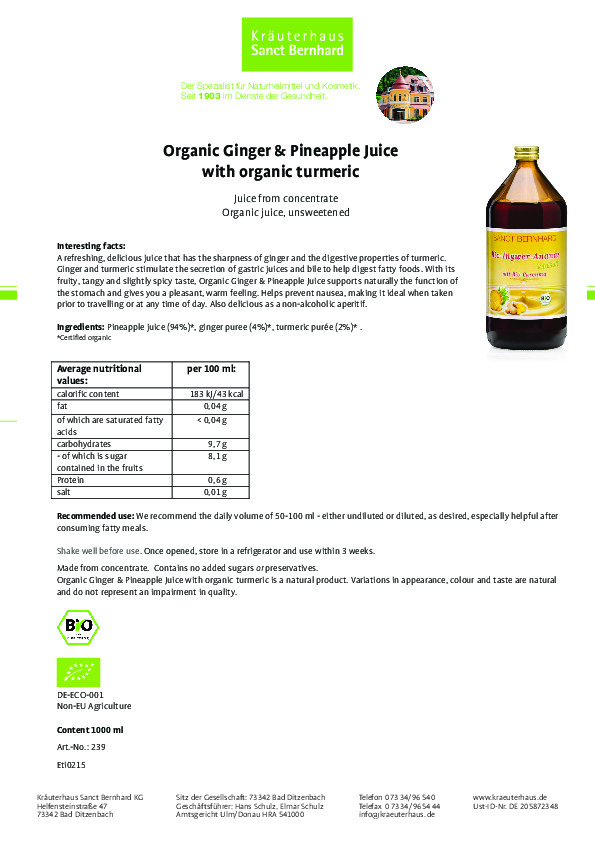 Nước ép gừng và dứa Sanct Bernhard Organic Ginger & Pineapple Juice